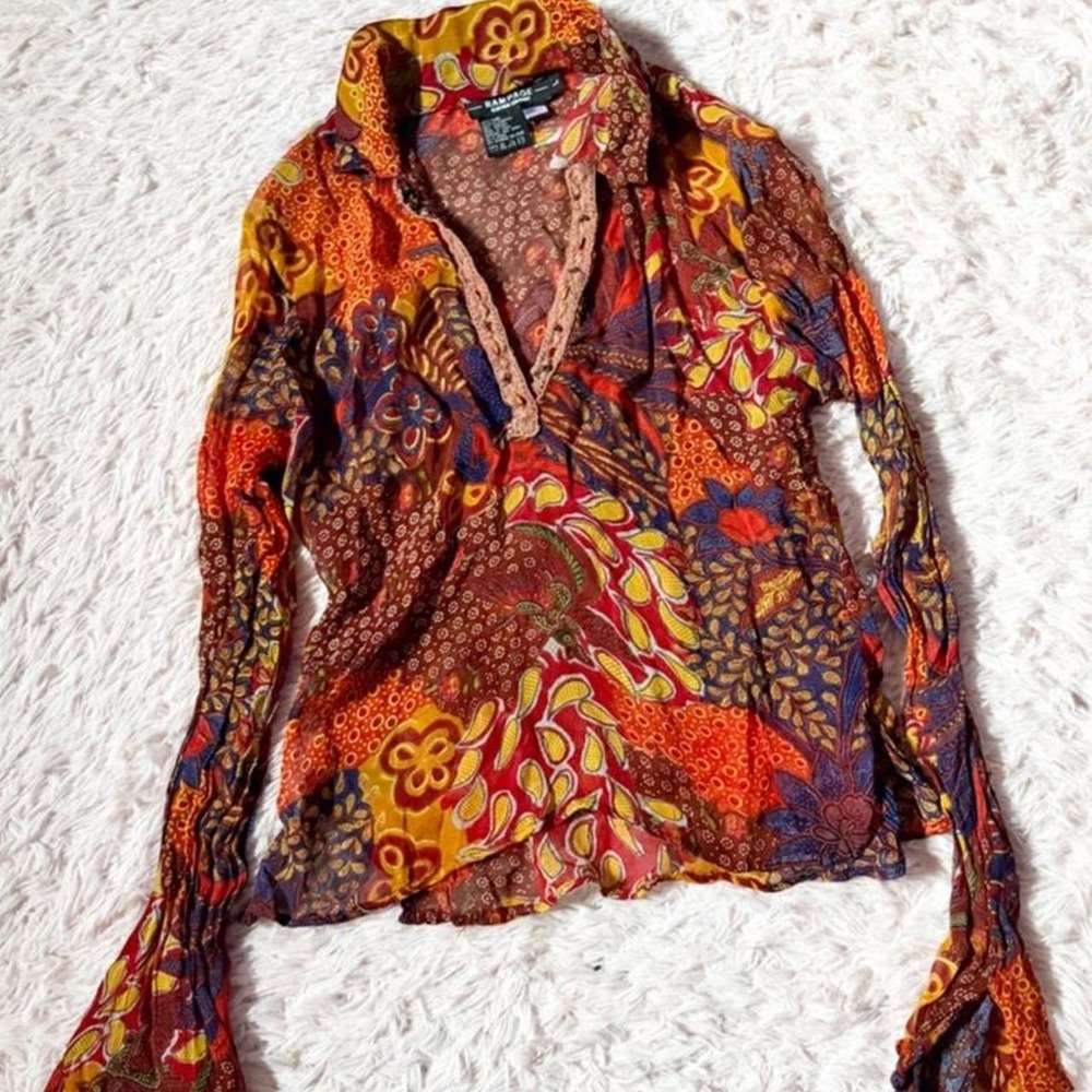 Vintage 90s Boho Groovy Retro Hippie Bell Sleeve Beaded Top Womens L Festival
